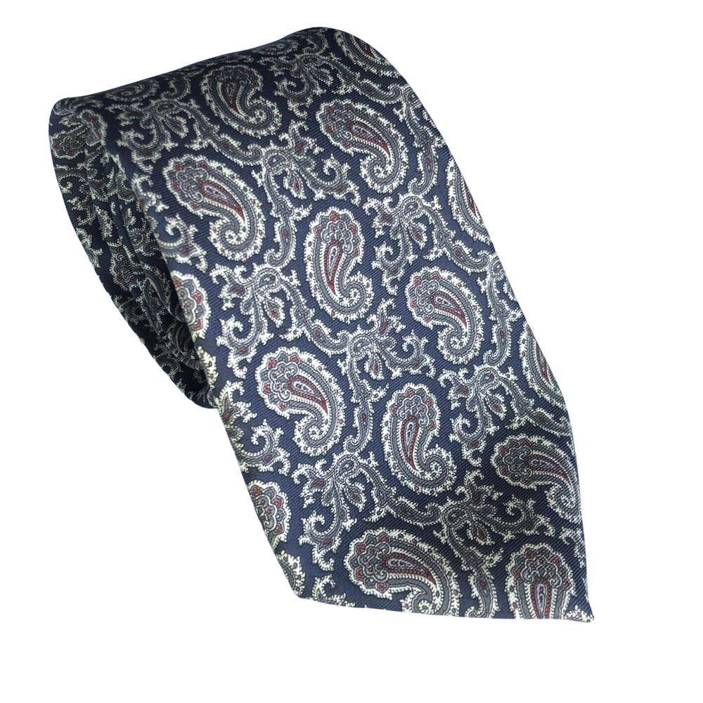 Vintage Oscar de la Renta Couture Tie Nay Blue Paisley Geometric Print Retro